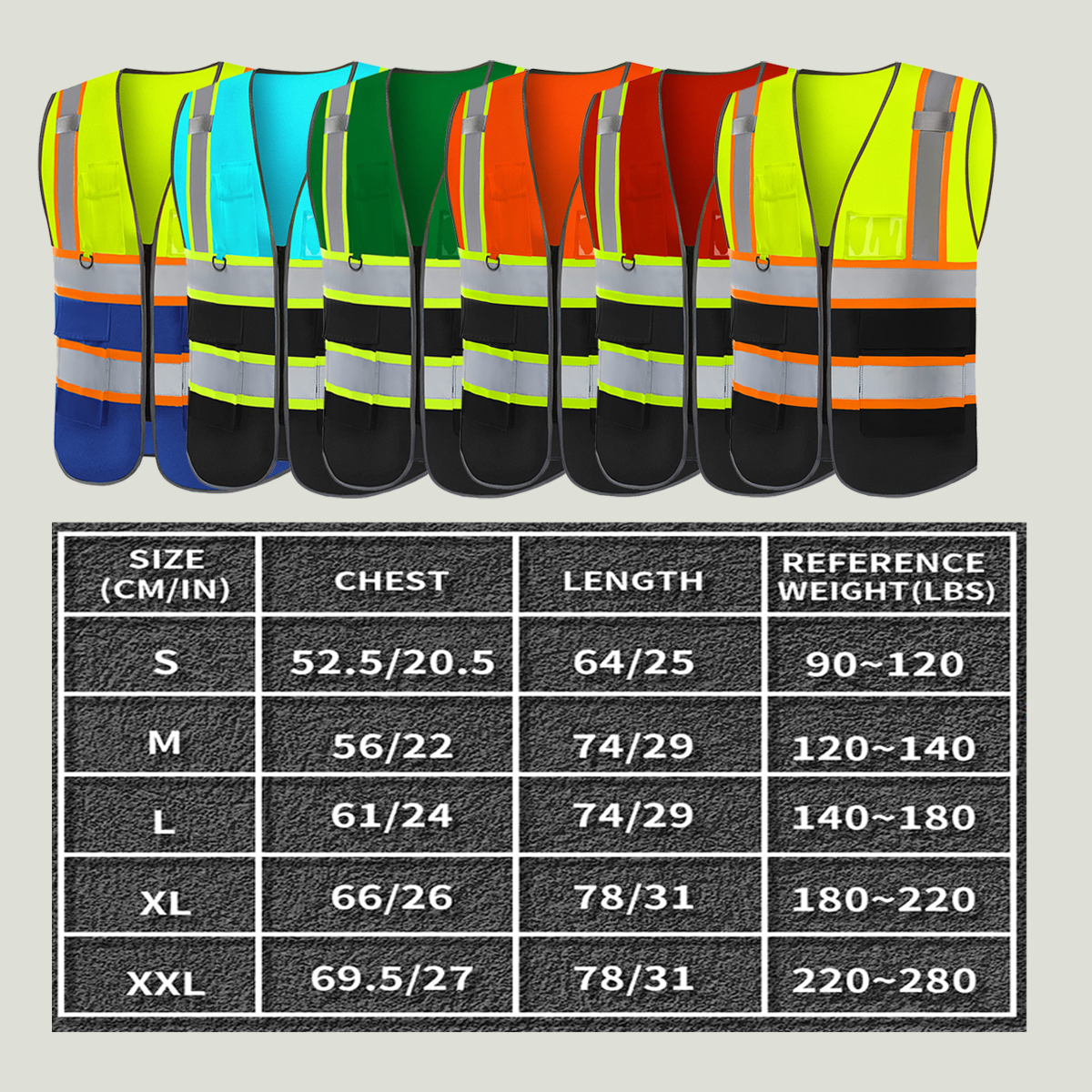 size table of custom high vis outdoor vest