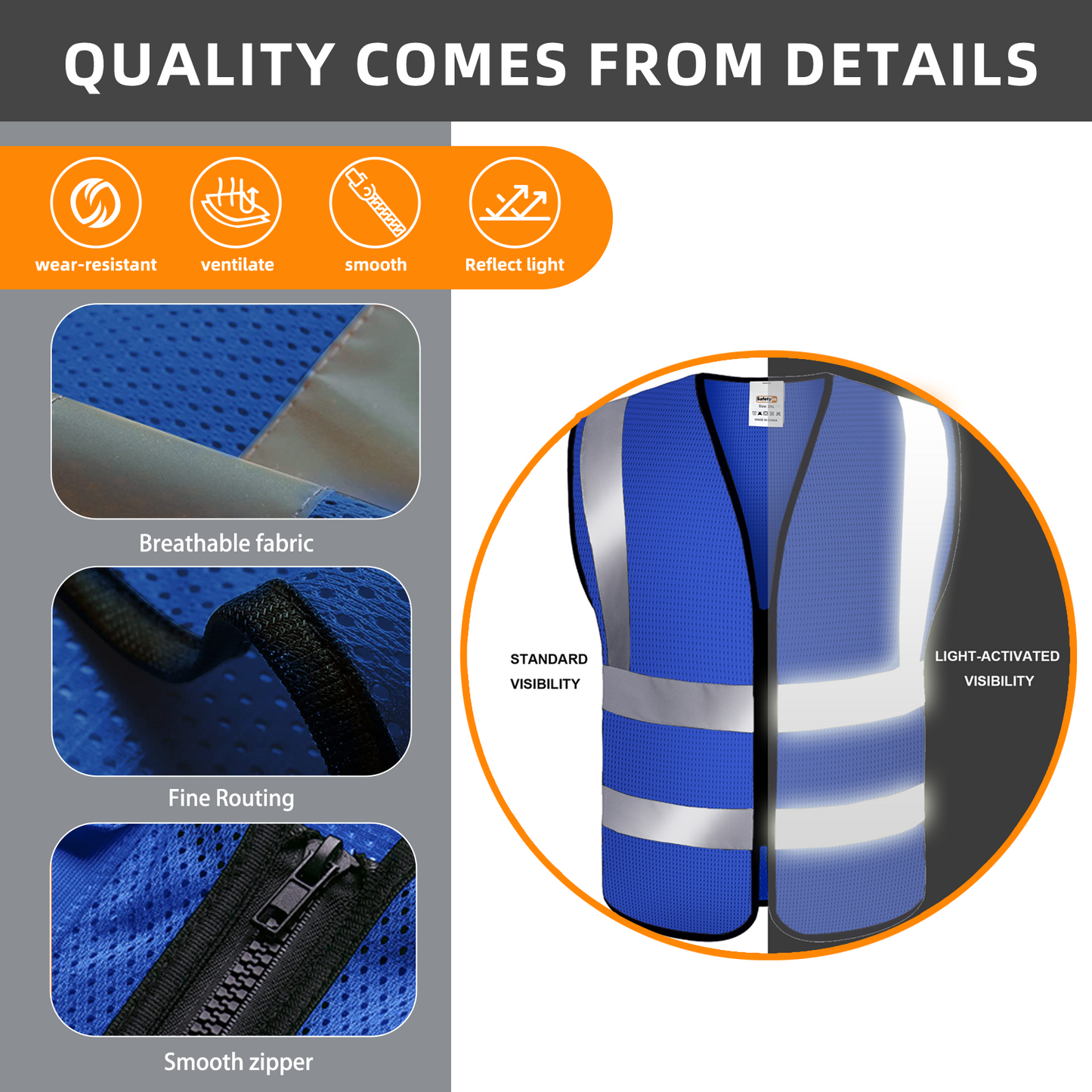 quality detail of blue mesh safety vest