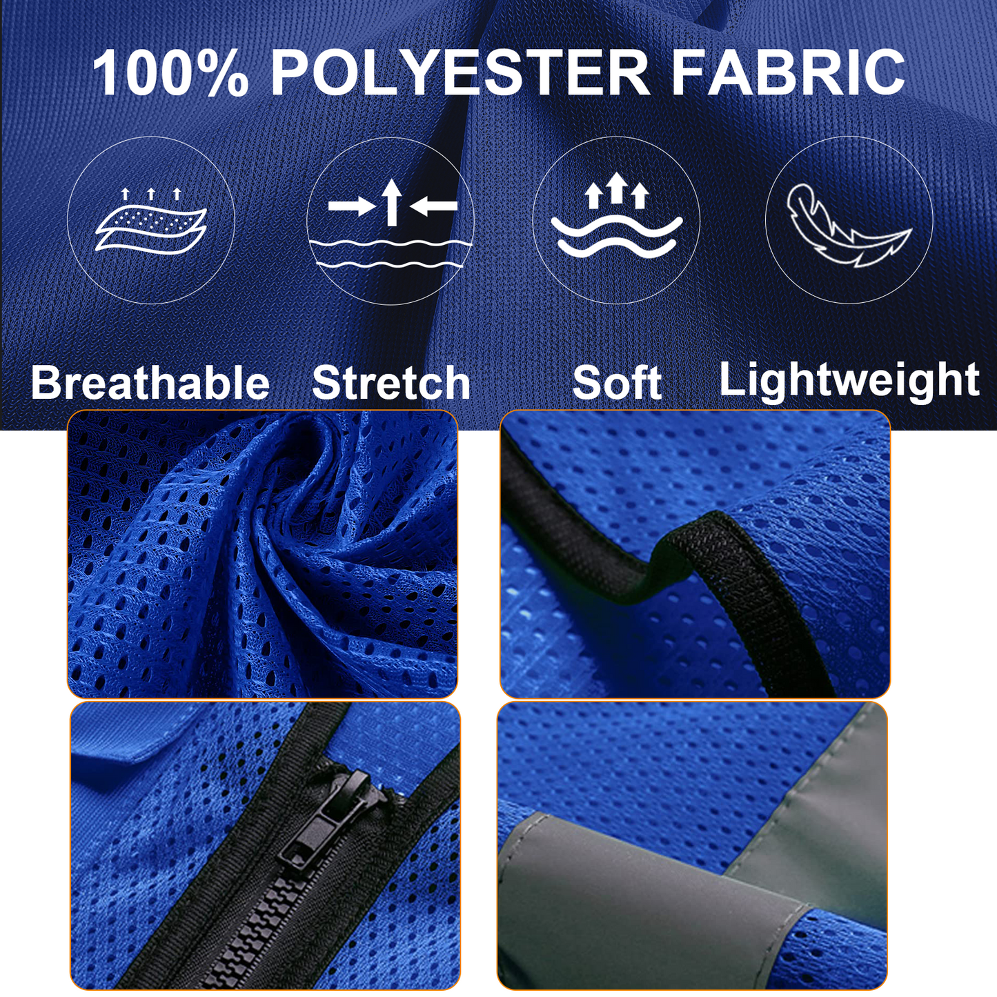 detail of blue safety vest 100% polyester fabric