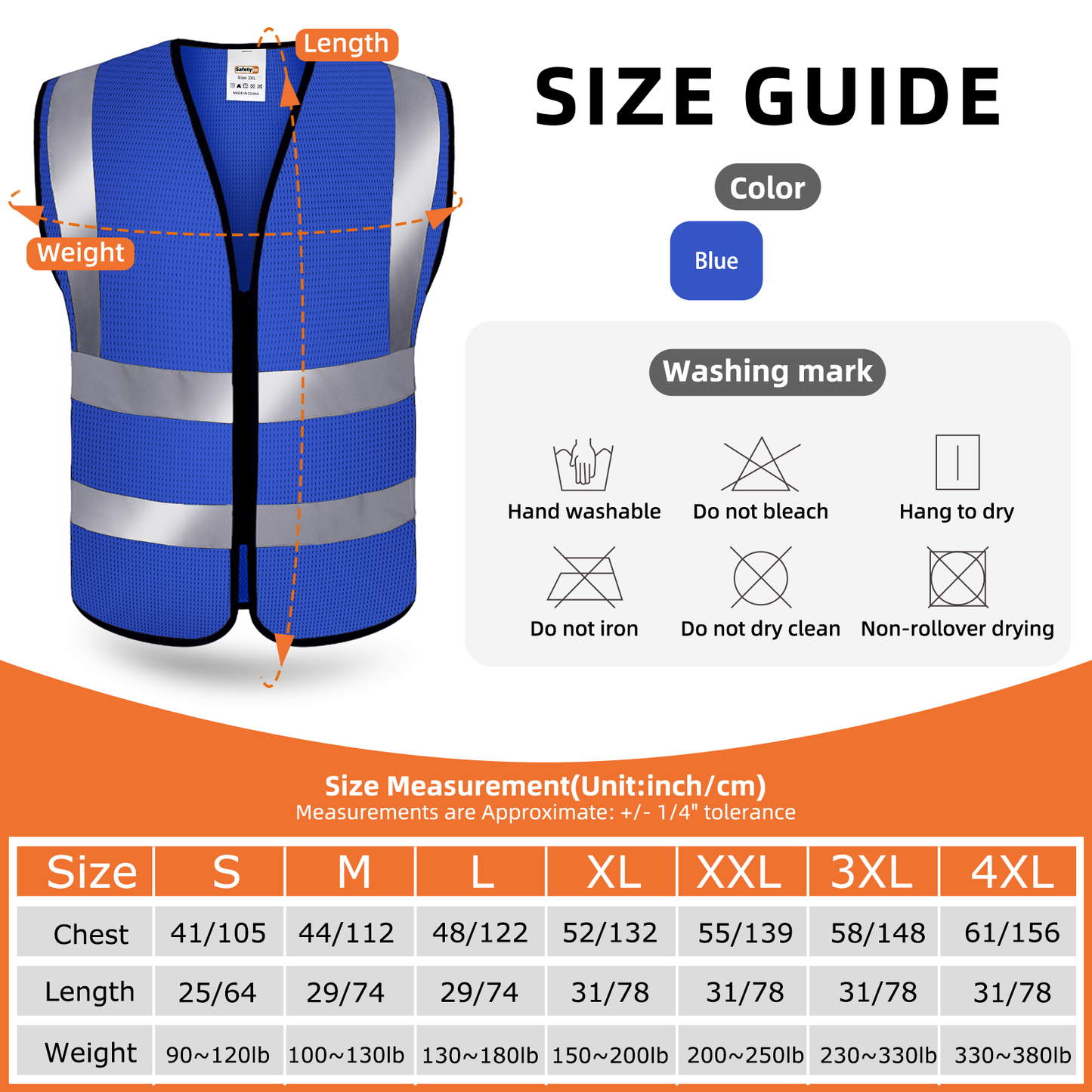 safety vest size guide blue s-4xl