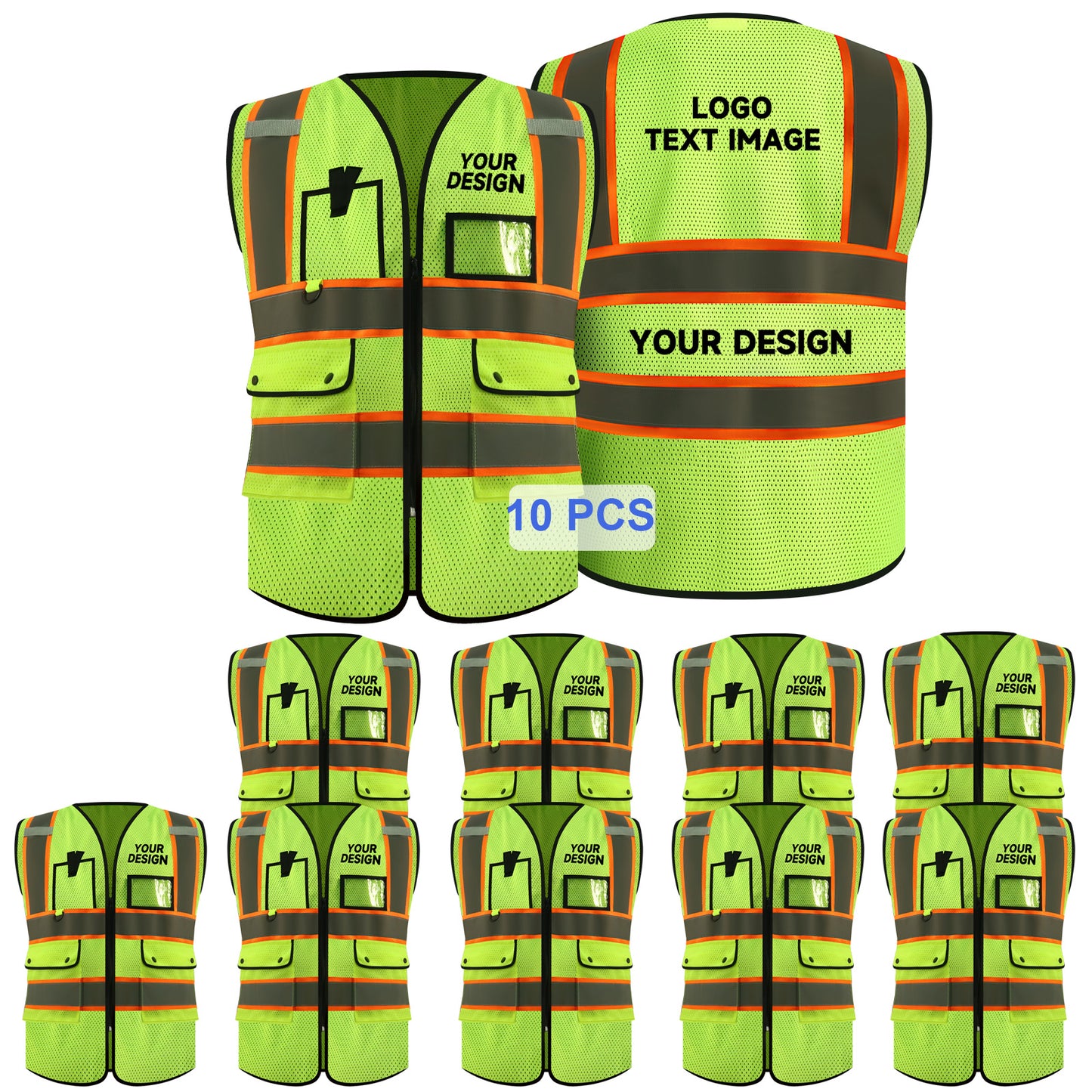 Safety Vest Customized LOGO Mesh High Visibility Vest Class 2 Vests ANSI with 4 Pockets Zipper Construction Uniform