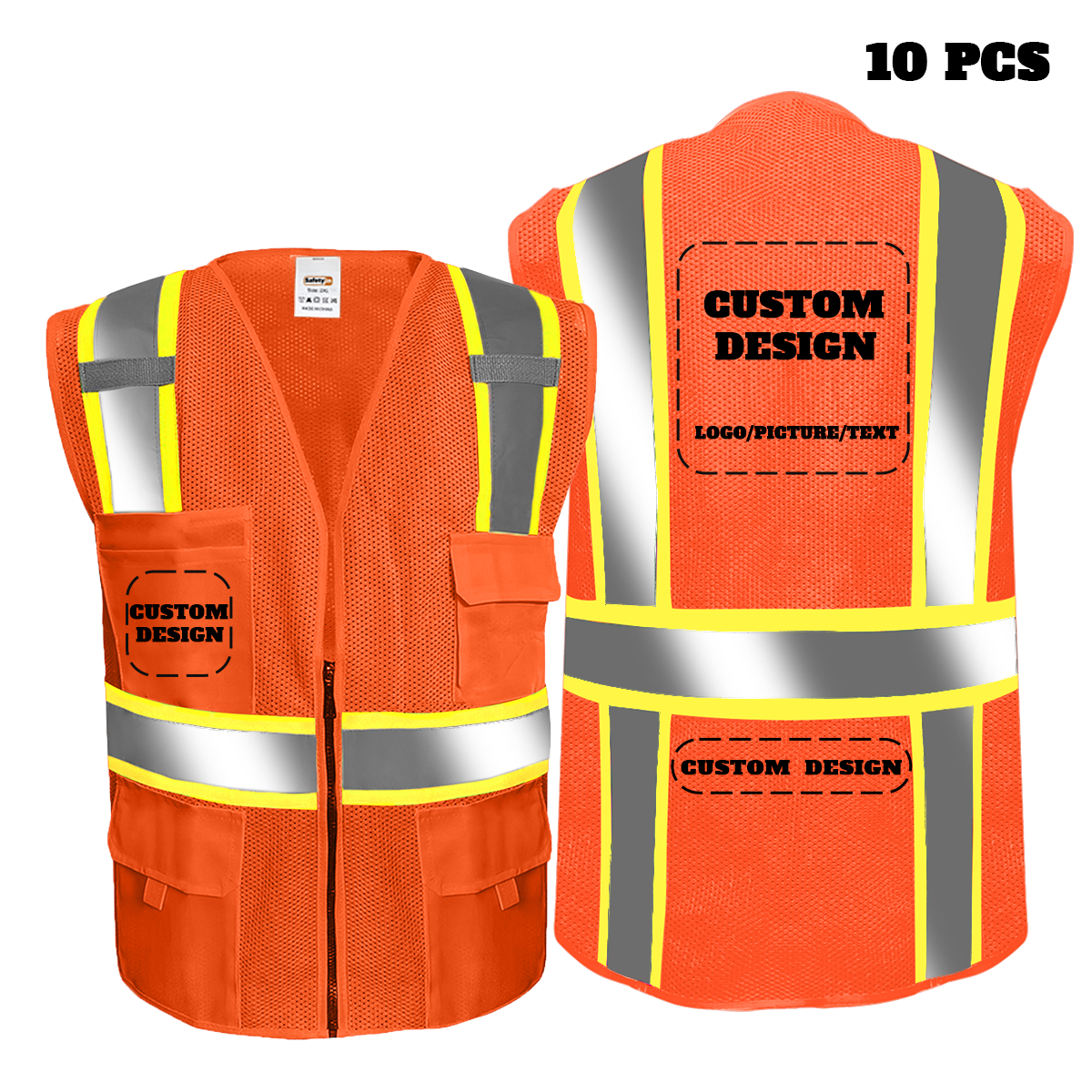 Custom Safety Vest with LOGO Customized Class 2 Hi Vis Reflective Vest with Pockets and Zipper Construction Waistcoat