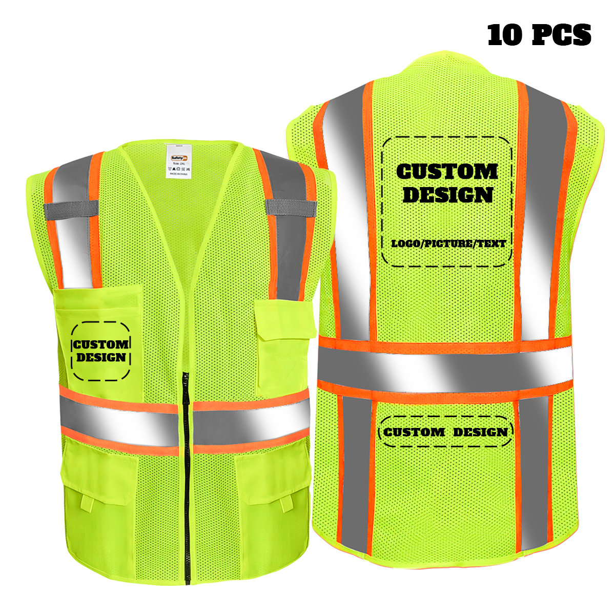 Custom Safety Vest with LOGO Customized Class 2 Hi Vis Reflective Vest with Pockets and Zipper Construction Waistcoat