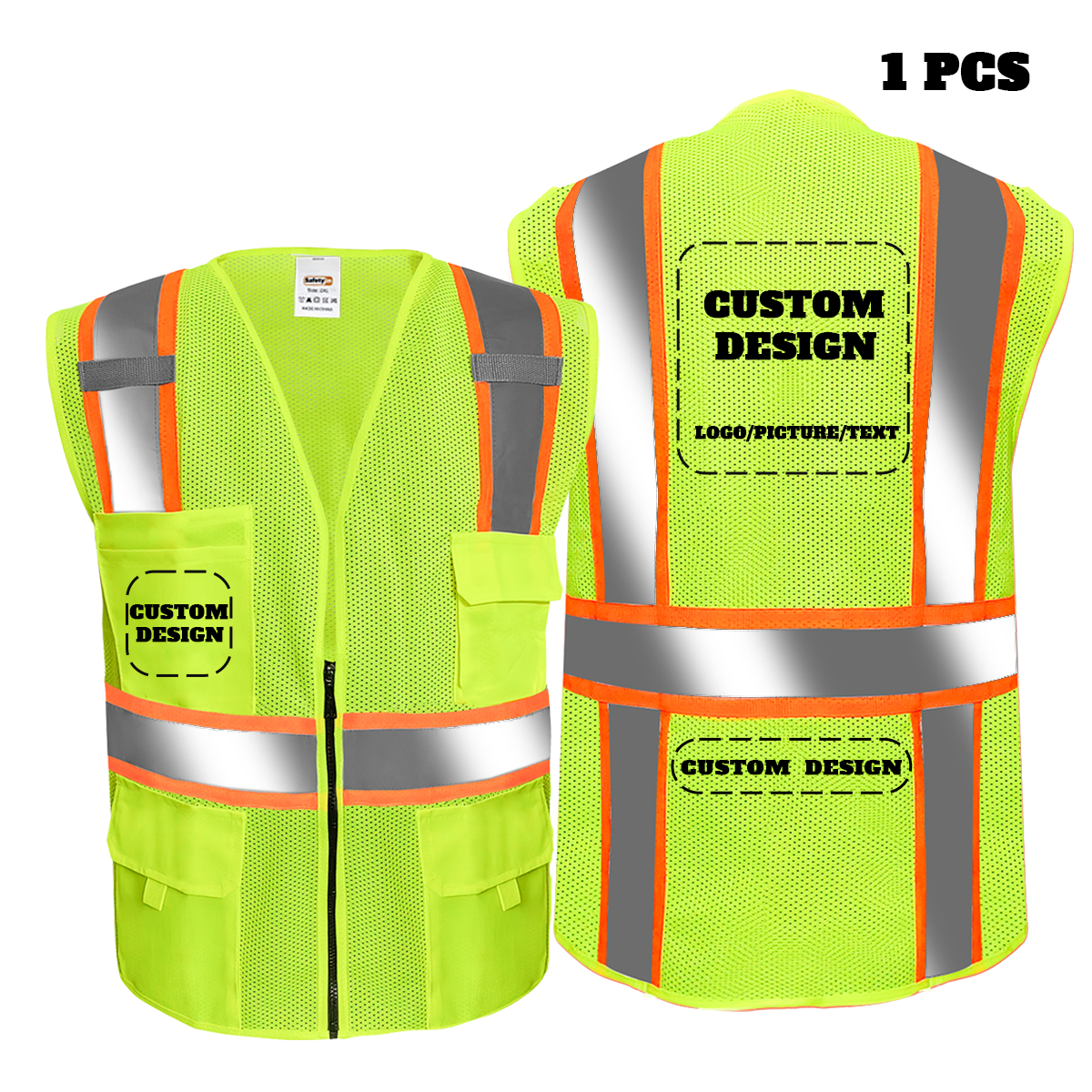 Custom Safety Vest with LOGO Customized Class 2 Hi Vis Reflective Vest with Pockets and Zipper Construction Waistcoat