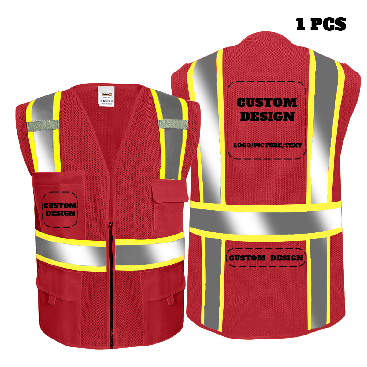 Custom Safety Vest with LOGO Customized Class 2 Hi Vis Reflective Vest with Pockets and Zipper Construction Waistcoat