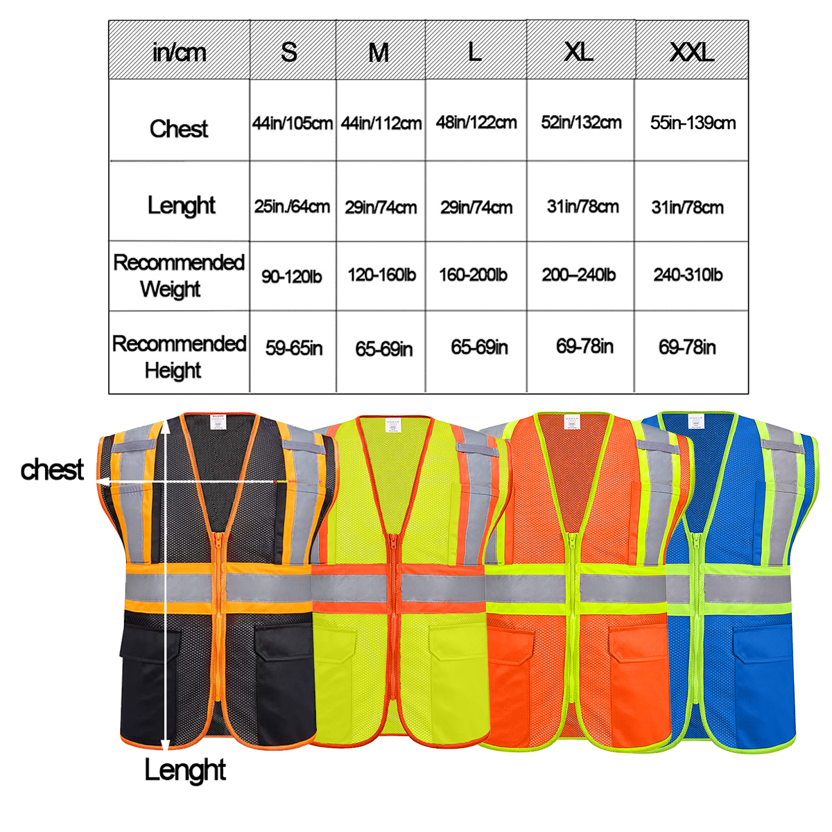 size table of custom safety vest
