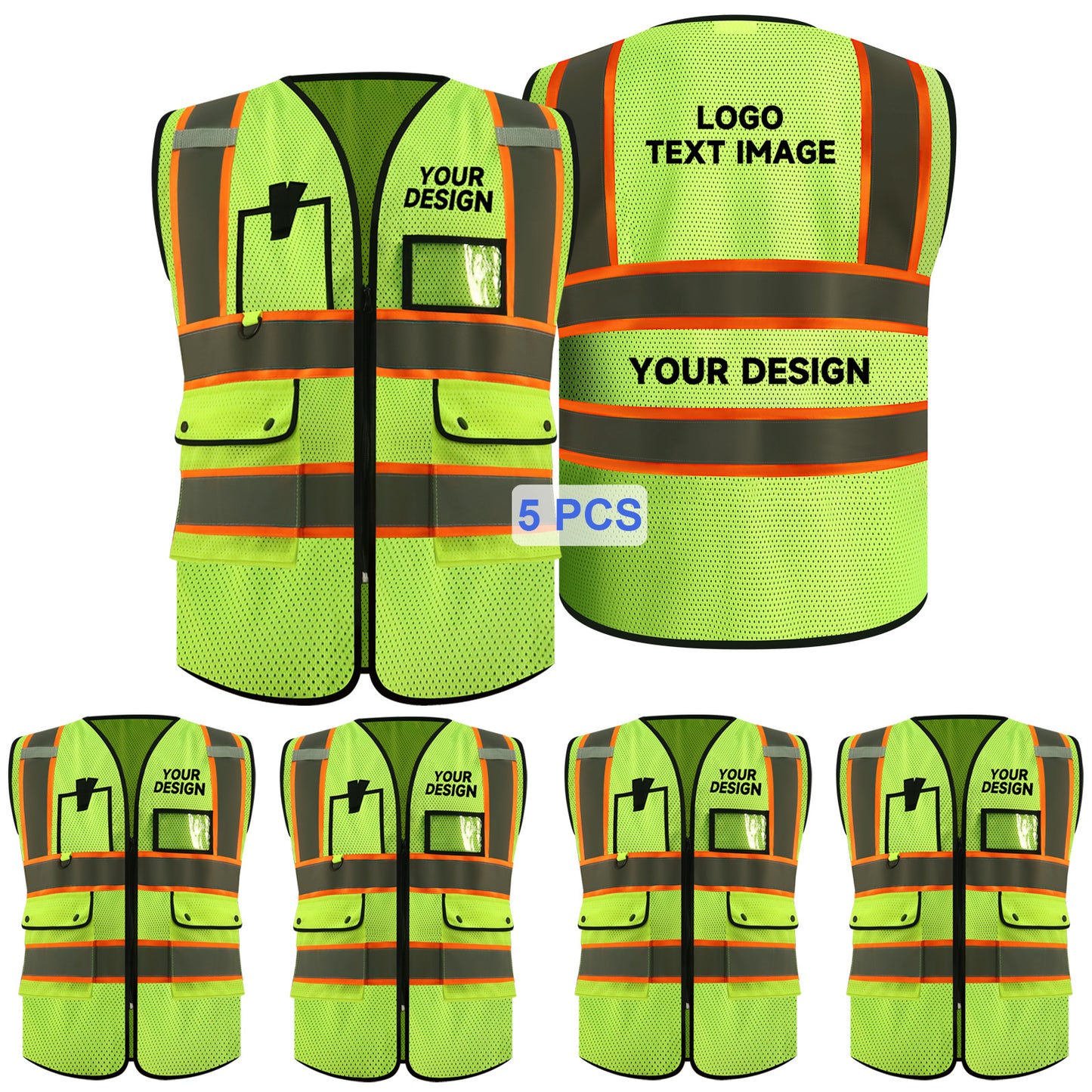 Safety Vest Customized LOGO Mesh High Visibility Vest Class 2 Vests ANSI with 4 Pockets Zipper Construction Uniform