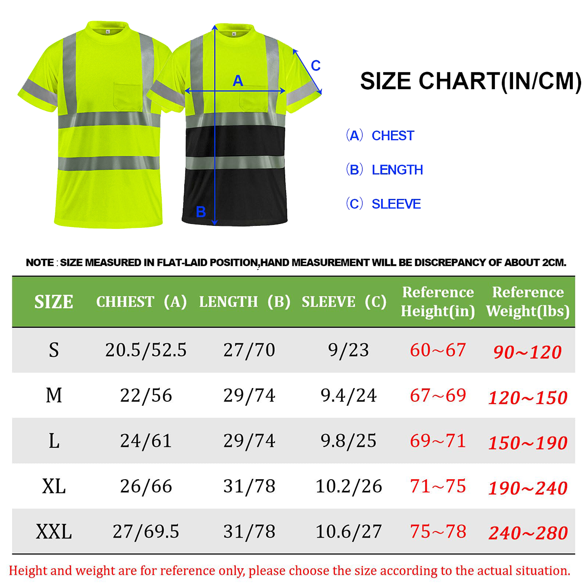 size chart of safety shirt class 3