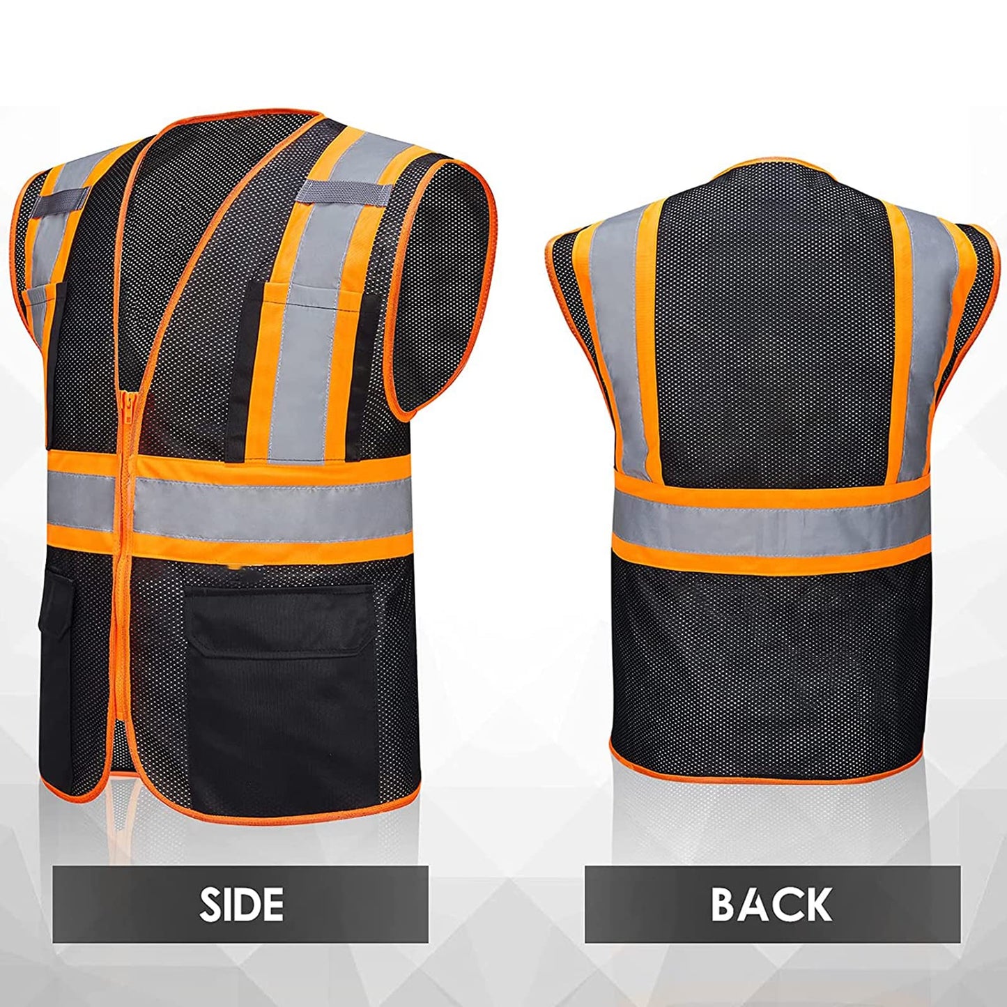 custom black and orange edging vest with company logo