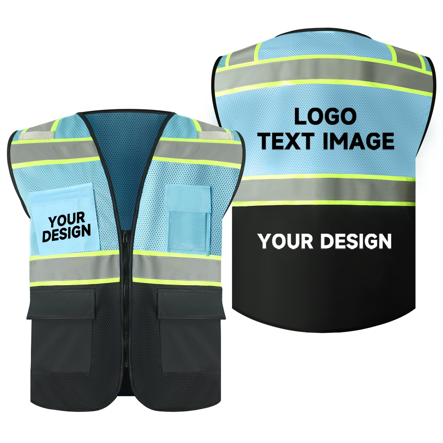 blue mesh safety vest with logo zipper closure hi vis vests with pockets size S M L XL 2XL 3XL 4XL