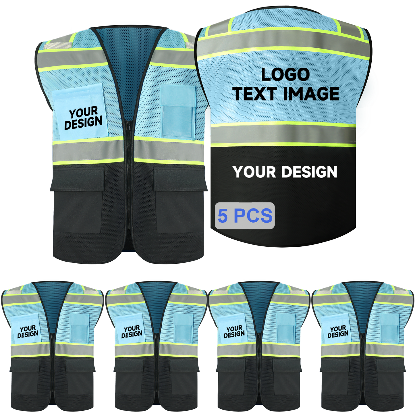 Mesh Safety Vest Customize LOGO with 6 Pockets & Zipper Personalize Reflective High Visibility Vest Class 2 Outdoor Workwear