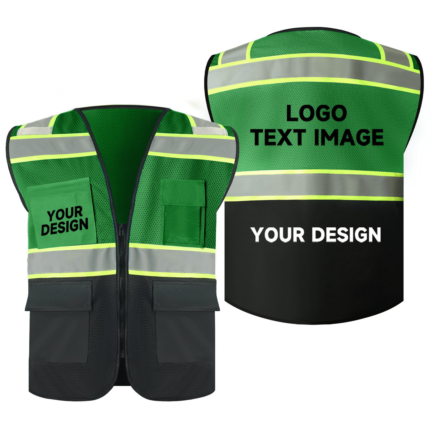 green mesh safety vest with logo zipper closure hi vis vests with pockets size S M L XL 2XL 3XL 4XL