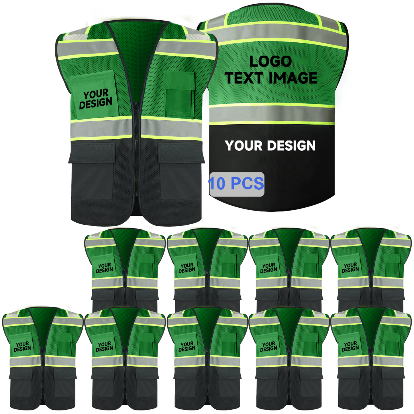 bulk green mesh safety vest 10 pcs with logo zipper closure black hi vis vests with pockets size S M L XL 2XL 3XL