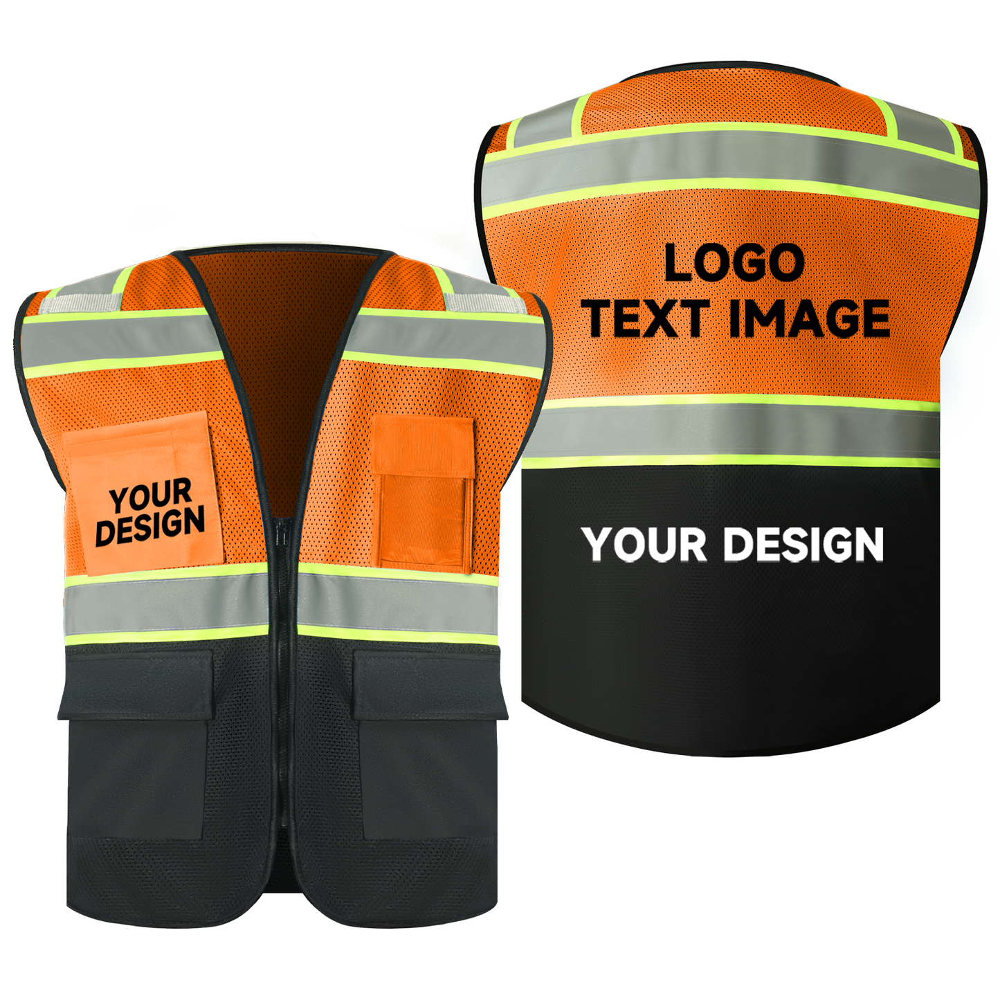 orange black mesh safety vest with logo zipper closure hi vis vests with pockets size S M L XL 2XL 3XL 4XL