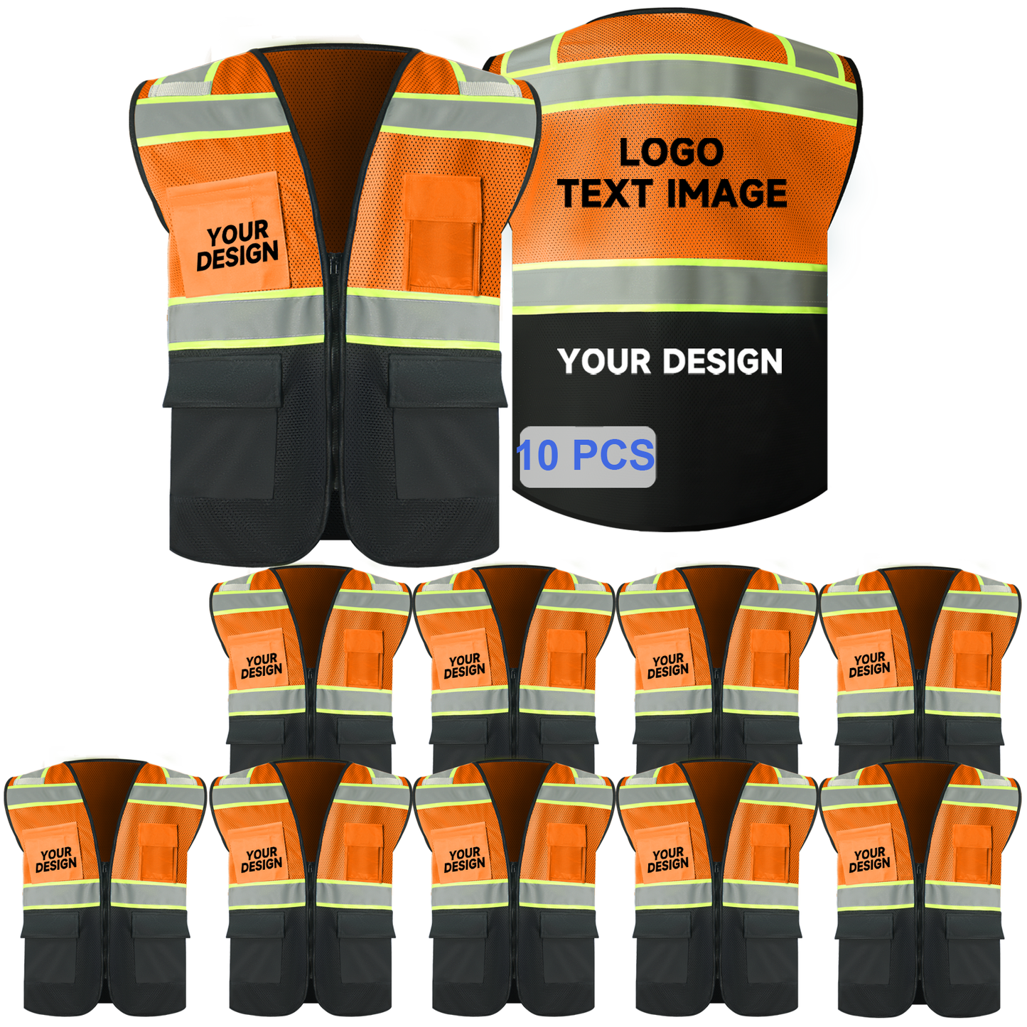 bulk orange mesh safety vest 10 pcs with logo zipper closure black hi vis vests with pockets size S M L XL 2XL 3XL