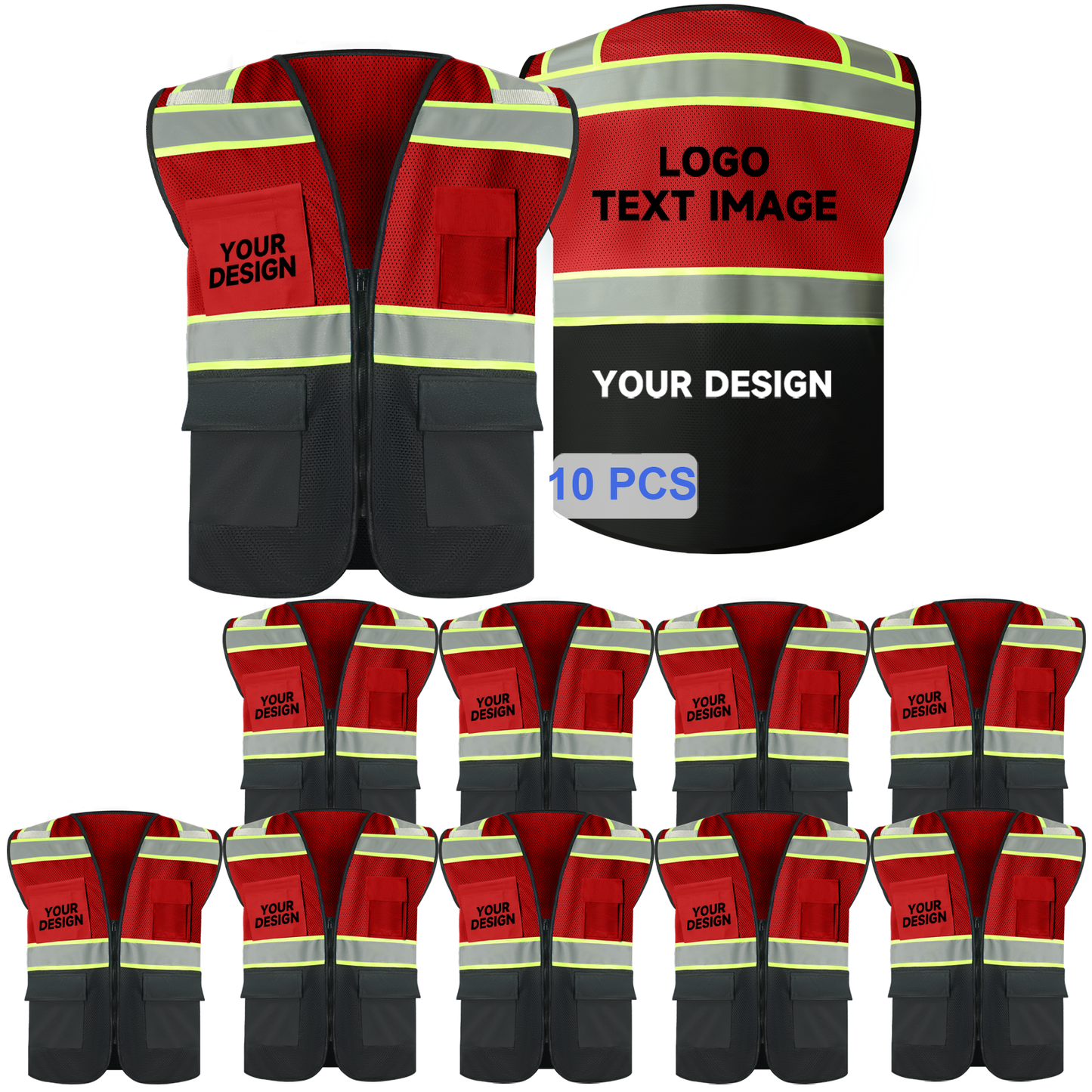 bulk red mesh safety vest 10 pcs with logo zipper closure black hi vis vests with pockets size S M L XL 2XL 3XL