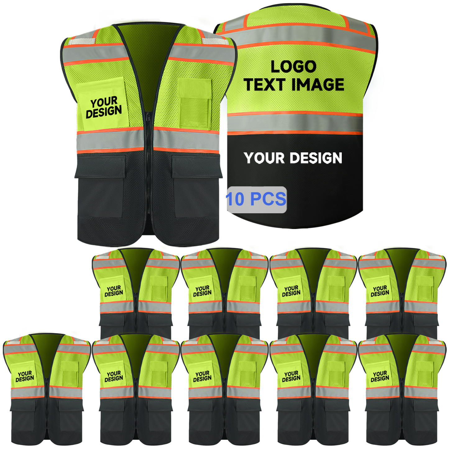 bulk yellow mesh safety vest 10 pcs with logo zipper closure black hi vis vests with pockets size S M L XL 2XL 3XL