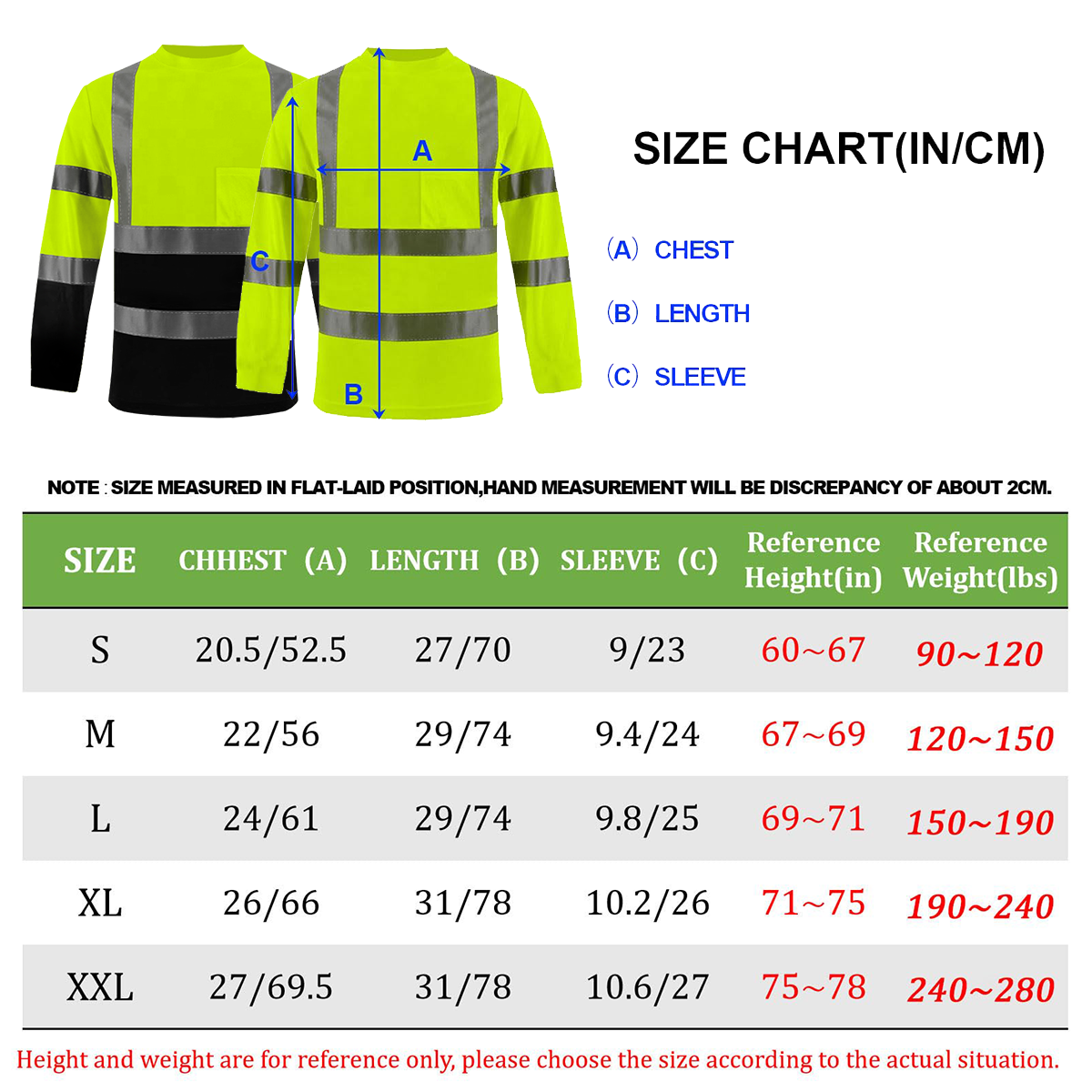 size chart of custom safety t-shirt class 3