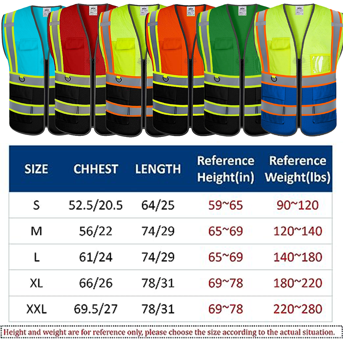 size table of custom safety VEST