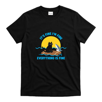 Funny 'It's Fine I'm Fine' Cat & Shark Meme T-Shirt - Sarcastic Humor Graphic Tee for Man Woman