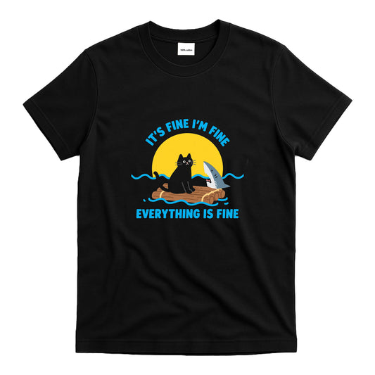 Funny 'It's Fine I'm Fine' Cat & Shark Meme T-Shirt - Sarcastic Humor Graphic Tee for Man Woman