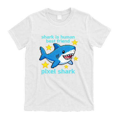 Pixel Shark Grafik-T-Shirt – „Hai ist der beste Freund des Menschen“ – Niedliches Retro-Freizeit-T-Shirt mit kurzen Ärmeln