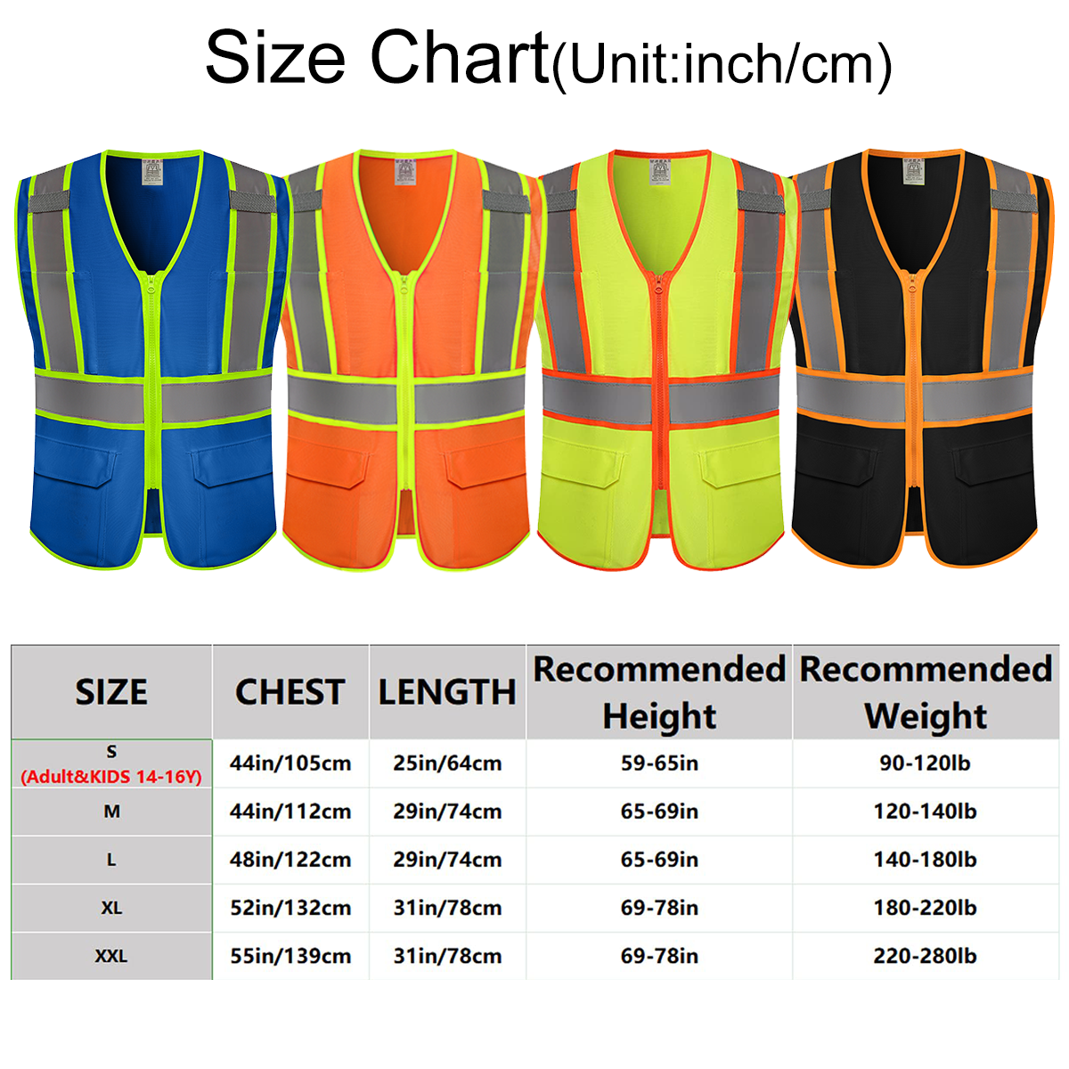 size chart of custom safety vest