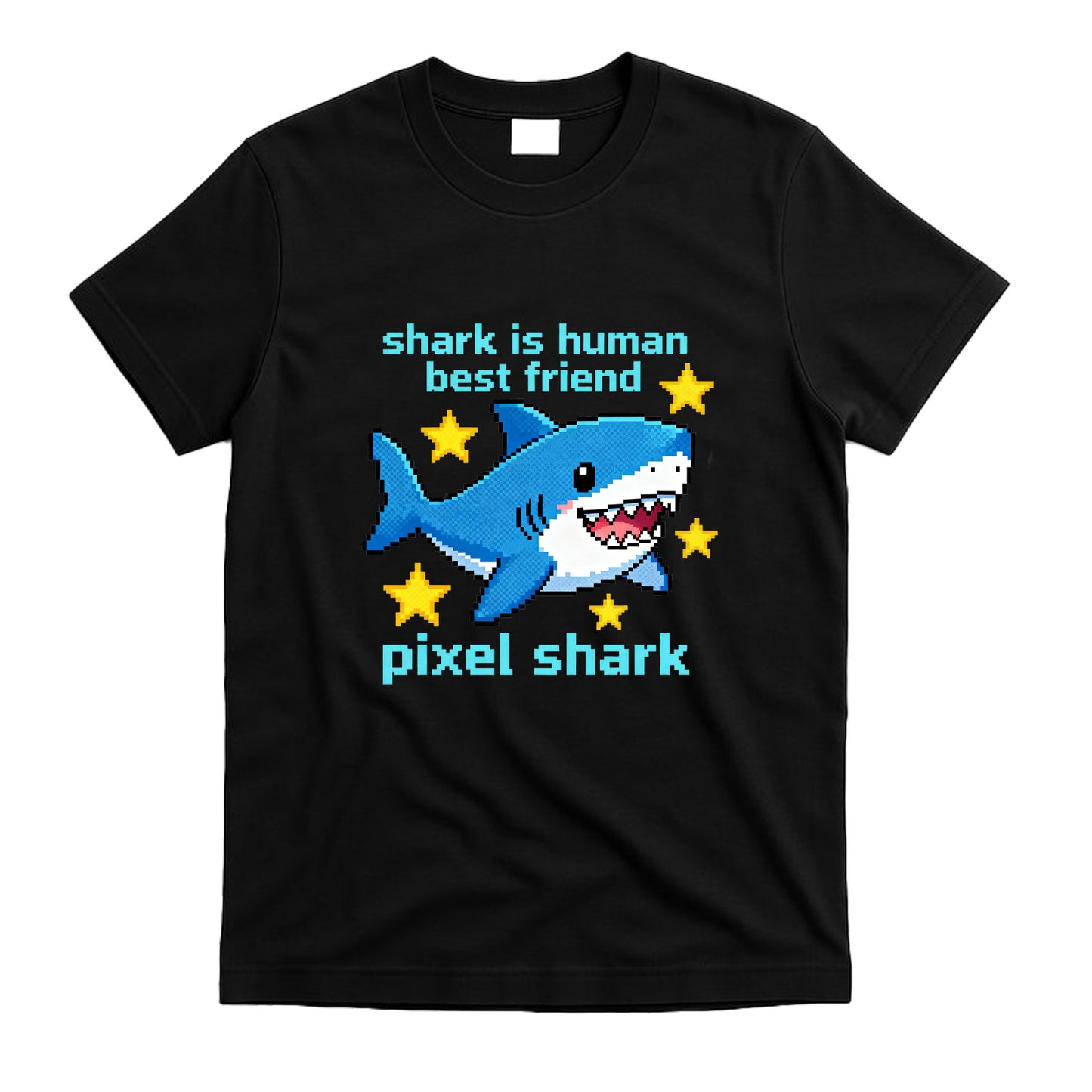 Pixel Shark Grafik-T-Shirt – „Hai ist der beste Freund des Menschen“ – Niedliches Retro-Freizeit-T-Shirt mit kurzen Ärmeln