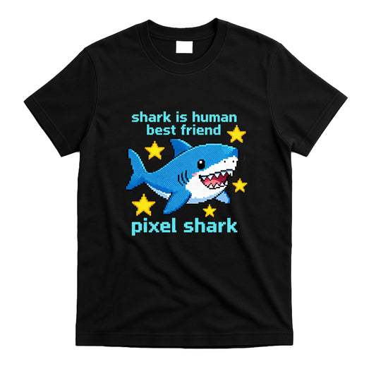 Camiseta gráfica Pixel Shark: «El tiburón es el mejor amigo del ser humano». Bonita camiseta retro informal de manga corta.