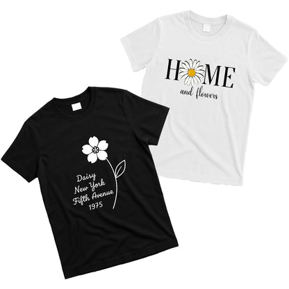 Camiseta gráfica vintage Daisy (blanco y negro) – Camiseta informal «HOME &amp; Flowers» de la Quinta Avenida de Nueva York