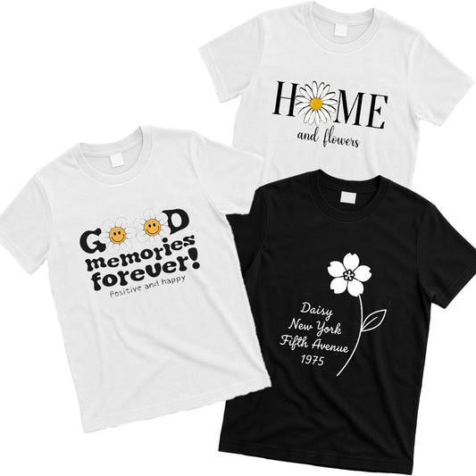 Camiseta gráfica vintage Daisy (blanco y negro) – Camiseta informal «HOME &amp; Flowers» de la Quinta Avenida de Nueva York