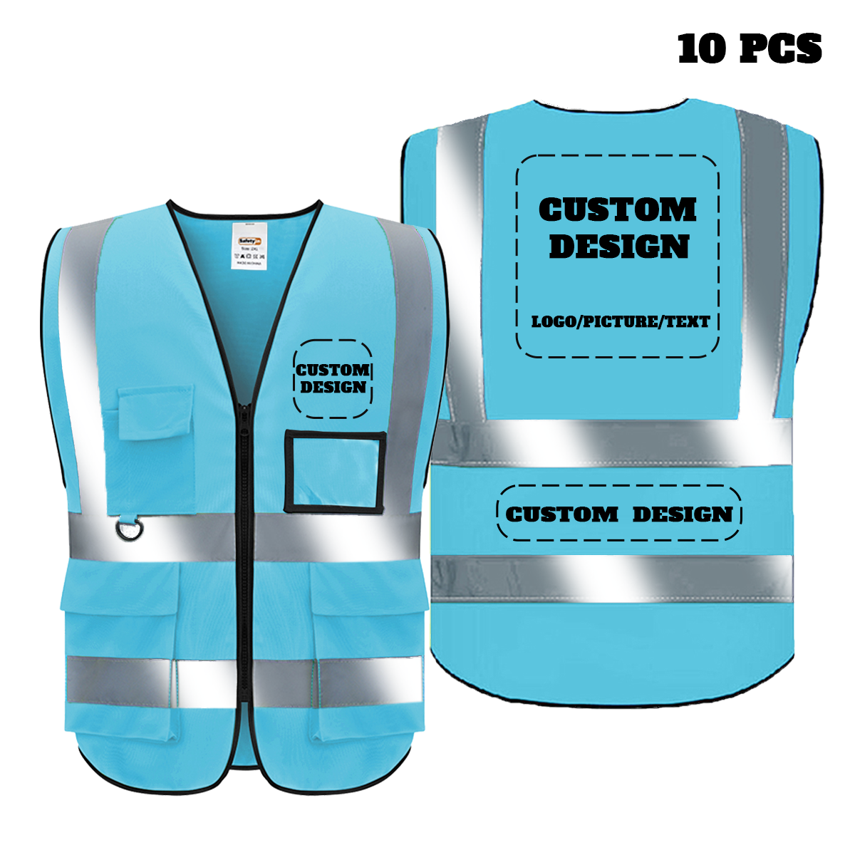 Custom Safety Vest Customized Logo Class 2 High Visibility Reflective Vest with 5 Pockets and Zipper Construction Workwear