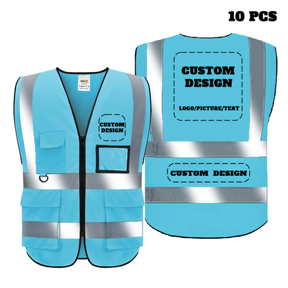 Custom Safety Vest Customized Logo Class 2 High Visibility Reflective Vest with 5 Pockets and Zipper Construction Workwear