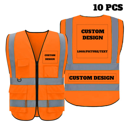 Chaleco de seguridad personalizado con logotipo personalizado, chaleco reflectante de alta visibilidad de clase 2 con 5 bolsillos y cremallera, ropa de trabajo para construcción.