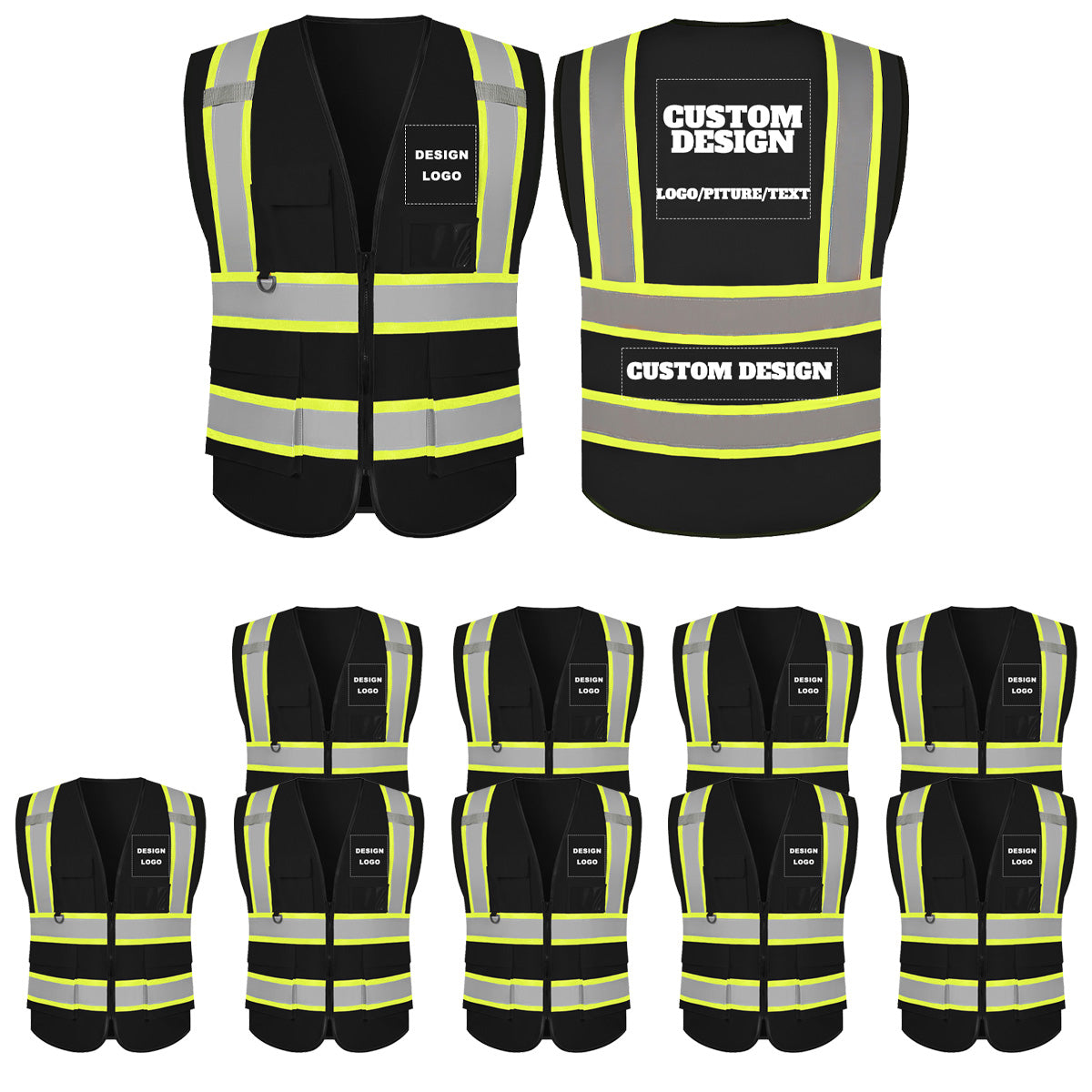Custom Safety Vest with LOGO High Visibility Reflective with 5 Pockets ＆ Zipper Class 2 Adult Unisex Construction Workwear