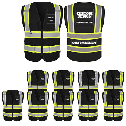 Custom Safety Vest with LOGO High Visibility Reflective with 5 Pockets ＆ Zipper Class 2 Adult Unisex Construction Workwear