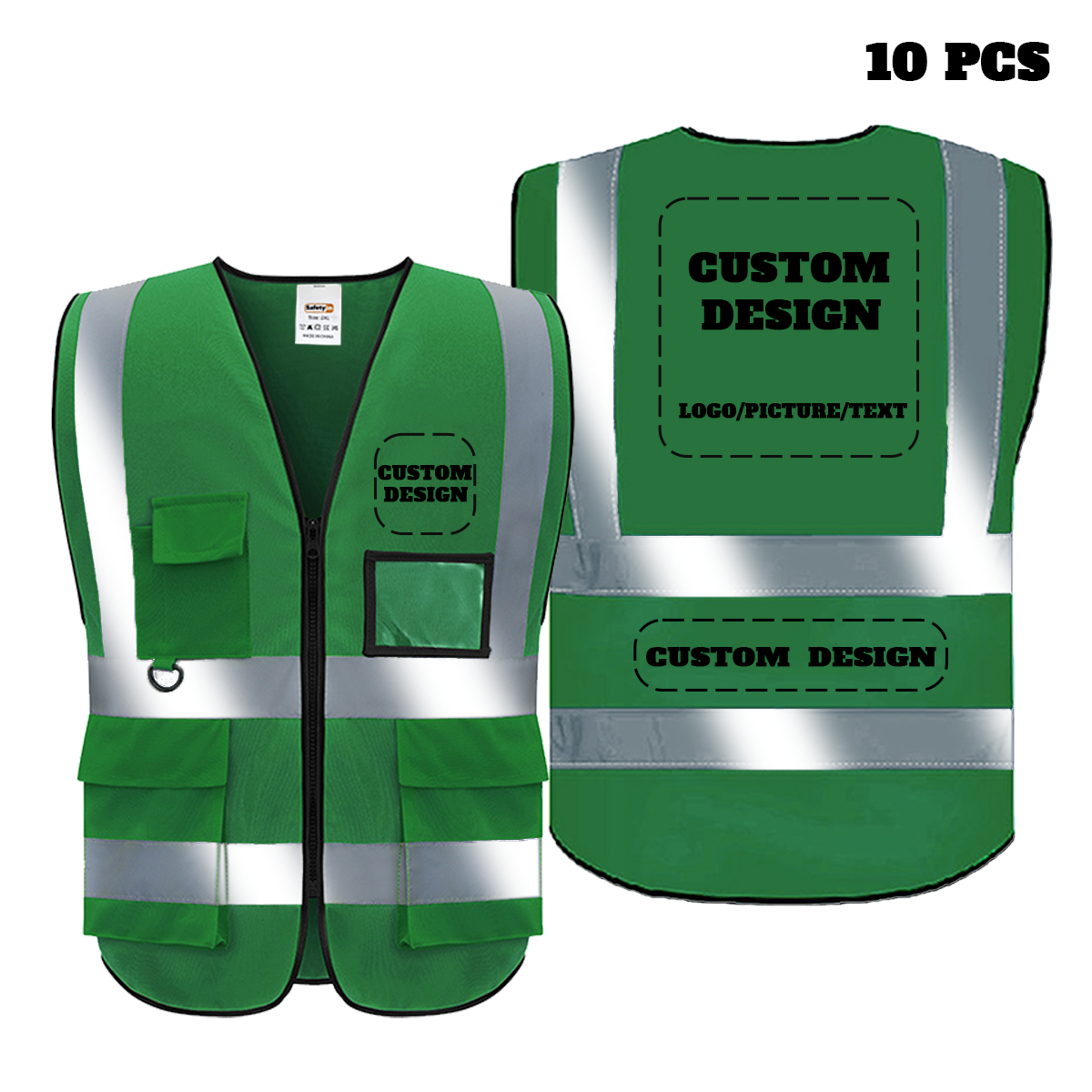 Custom Safety Vest Customized Logo Class 2 High Visibility Reflective Vest with 5 Pockets and Zipper Construction Workwear