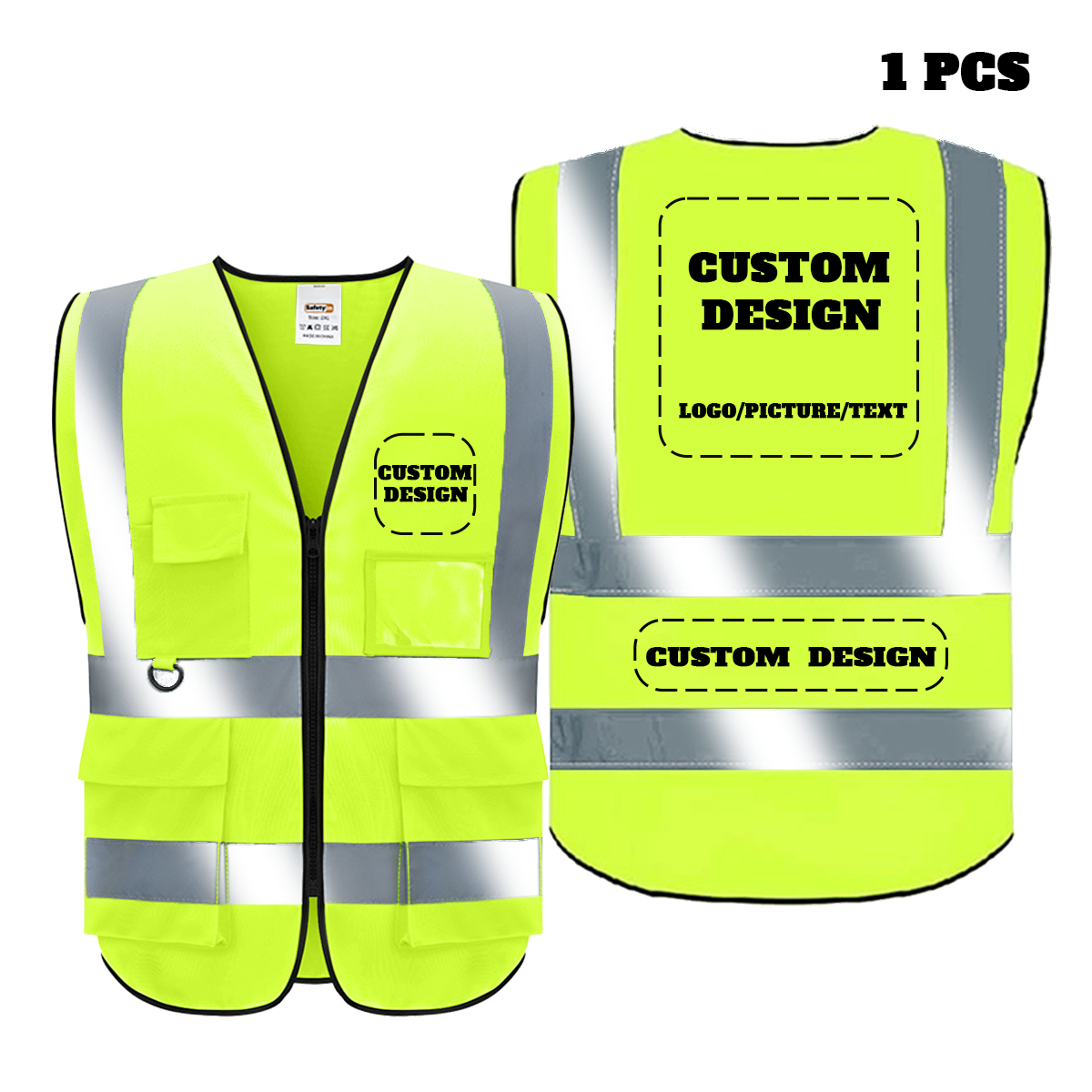 Custom Safety Vest Customized Logo Class 2 High Visibility Reflective Vest with 5 Pockets and Zipper Construction Workwear