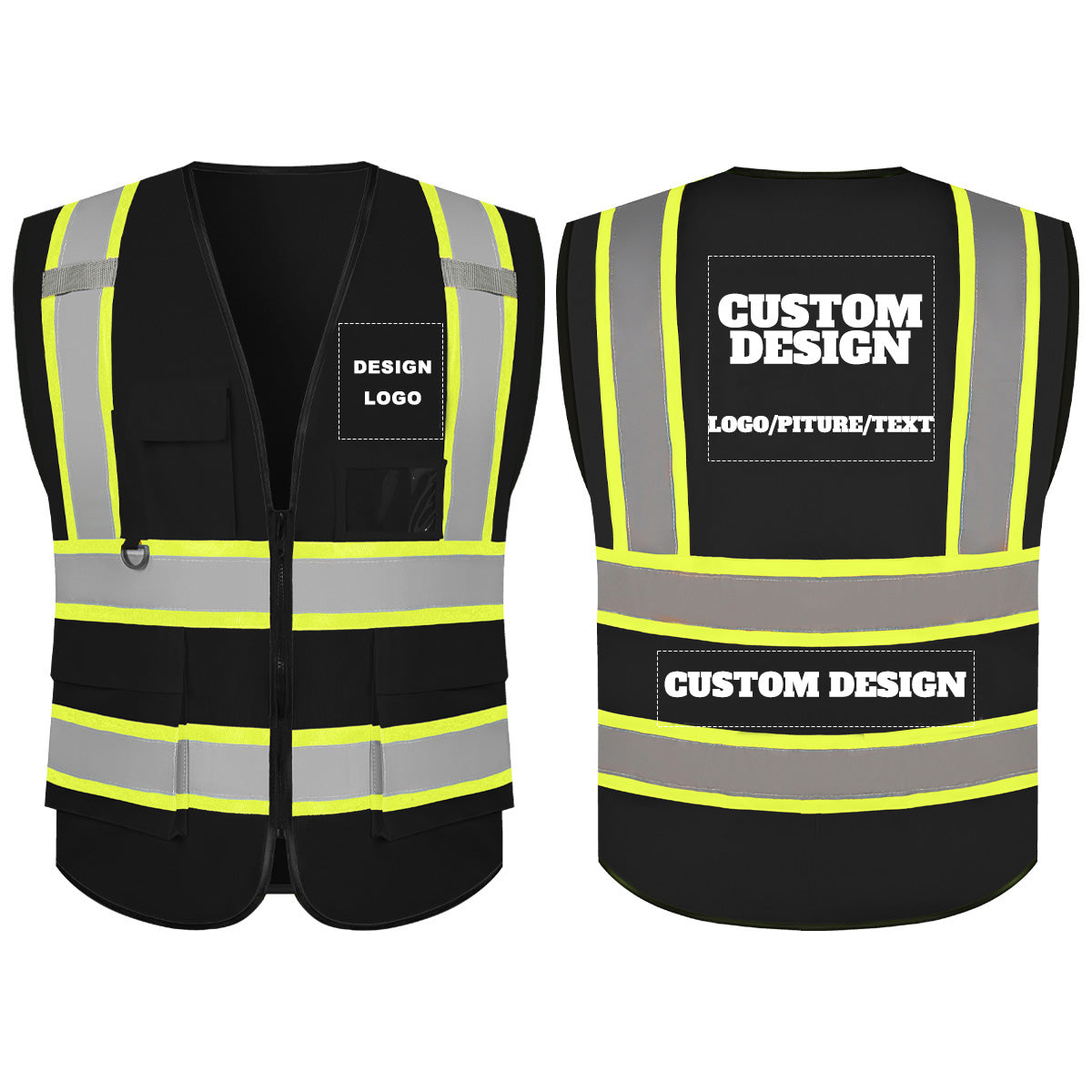 Custom Safety Vest with LOGO High Visibility Reflective with 5 Pockets ＆ Zipper Class 2 Adult Unisex Construction Workwear