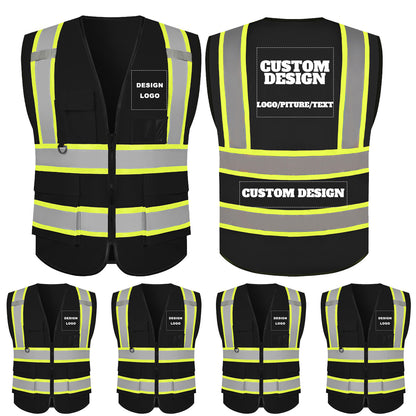 Custom Safety Vest with LOGO High Visibility Reflective with 5 Pockets ＆ Zipper Class 2 Adult Unisex Construction Workwear