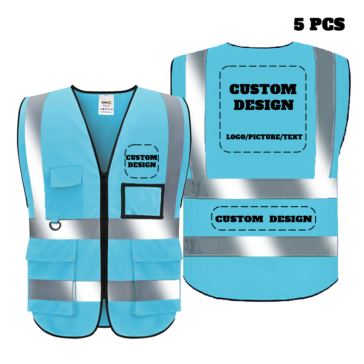 Custom Safety Vest Customized Logo Class 2 High Visibility Reflective Vest with 5 Pockets and Zipper Construction Workwear