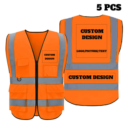 Chaleco de seguridad personalizado con logotipo personalizado, chaleco reflectante de alta visibilidad de clase 2 con 5 bolsillos y cremallera, ropa de trabajo para construcción.