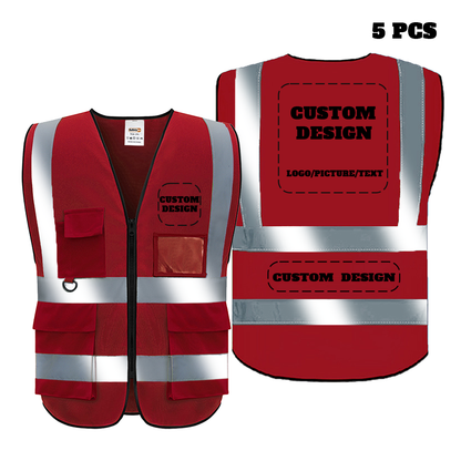 Custom Safety Vest Customized Logo Class 2 High Visibility Reflective Vest with 5 Pockets and Zipper Construction Workwear