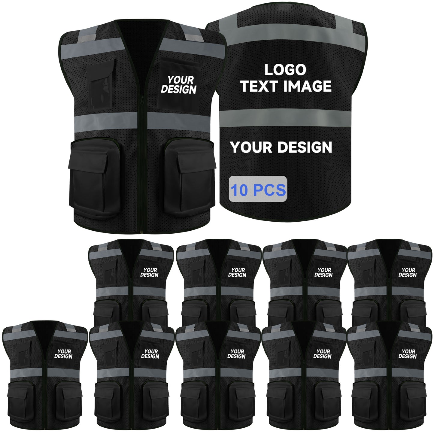 Safety Vest Custom LOGO 2" Reflective Strips with 7 Pockets & Zipper Personalize Reflective High Visibility Vest Class 2 Outdoor Workwear