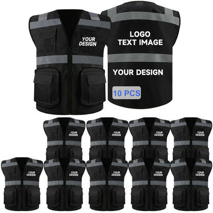 Safety Vest Custom LOGO 2" Reflective Strips with 7 Pockets & Zipper Personalize Reflective High Visibility Vest Class 2 Outdoor Workwear