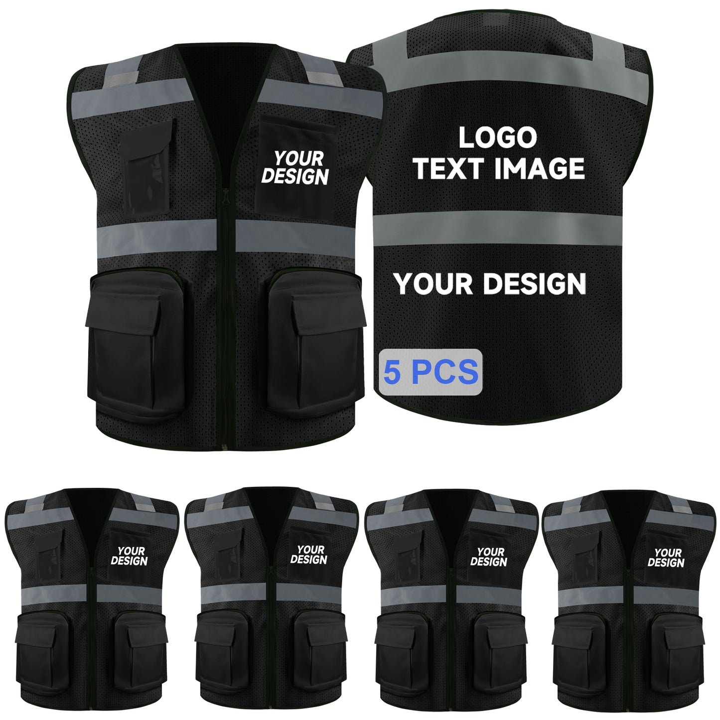 Safety Vest Custom LOGO 2" Reflective Strips with 7 Pockets & Zipper Personalize Reflective High Visibility Vest Class 2 Outdoor Workwear