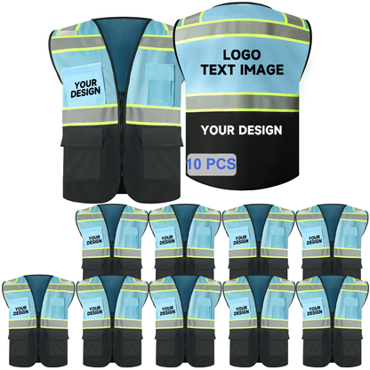 bulk blue mesh safety vest 10 pcs with logo zipper closure black hi vis vests with pockets size S M L XL 2XL 3XL 4XL