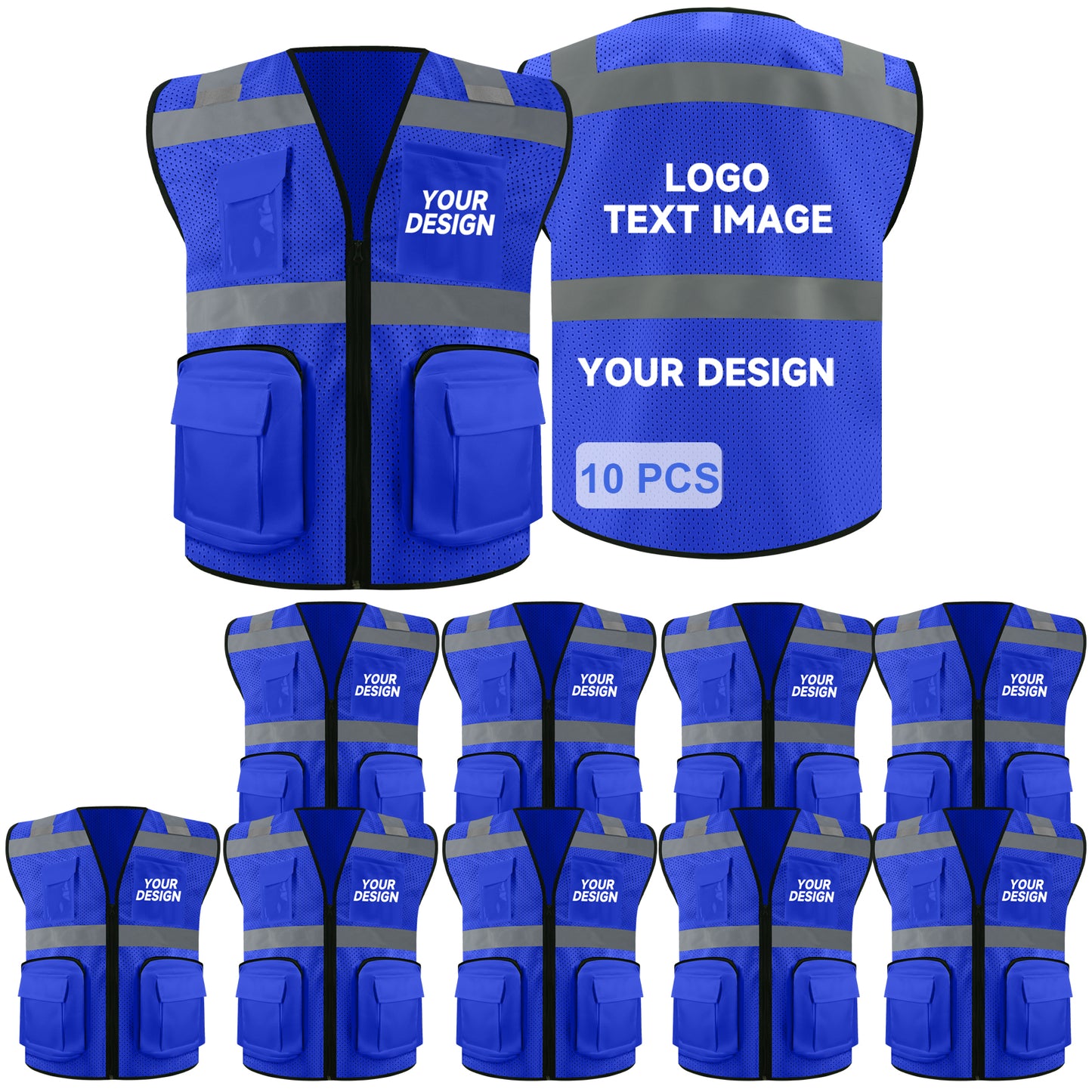 Safety Vest Custom LOGO 2" Reflective Strips with 7 Pockets & Zipper Personalize Reflective High Visibility Vest Class 2 Outdoor Workwear