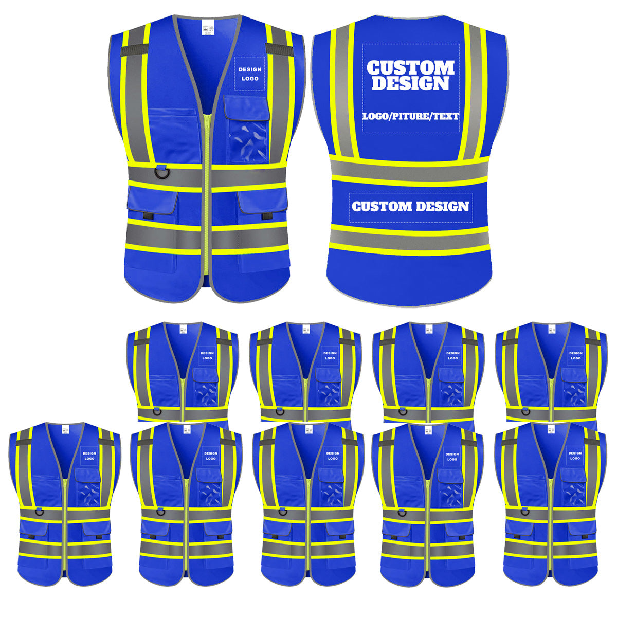 Custom Safety Vest with LOGO High Visibility Reflective with 5 Pockets ＆ Zipper Class 2 Adult Unisex Construction Workwear