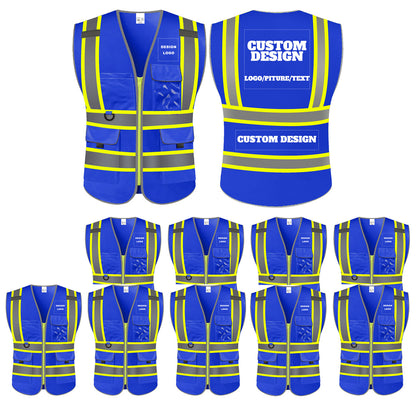 Custom Safety Vest with LOGO High Visibility Reflective with 5 Pockets ＆ Zipper Class 2 Adult Unisex Construction Workwear